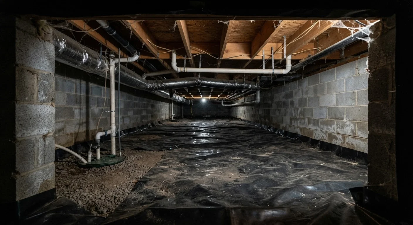 Interior view of a residential crawl space showing foundation walls, vapor barrier, and floor joists above