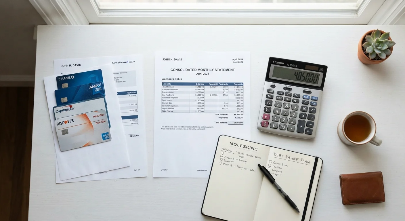 Overhead view of financial documents and calculator replacing multiple credit card bills on a desk.