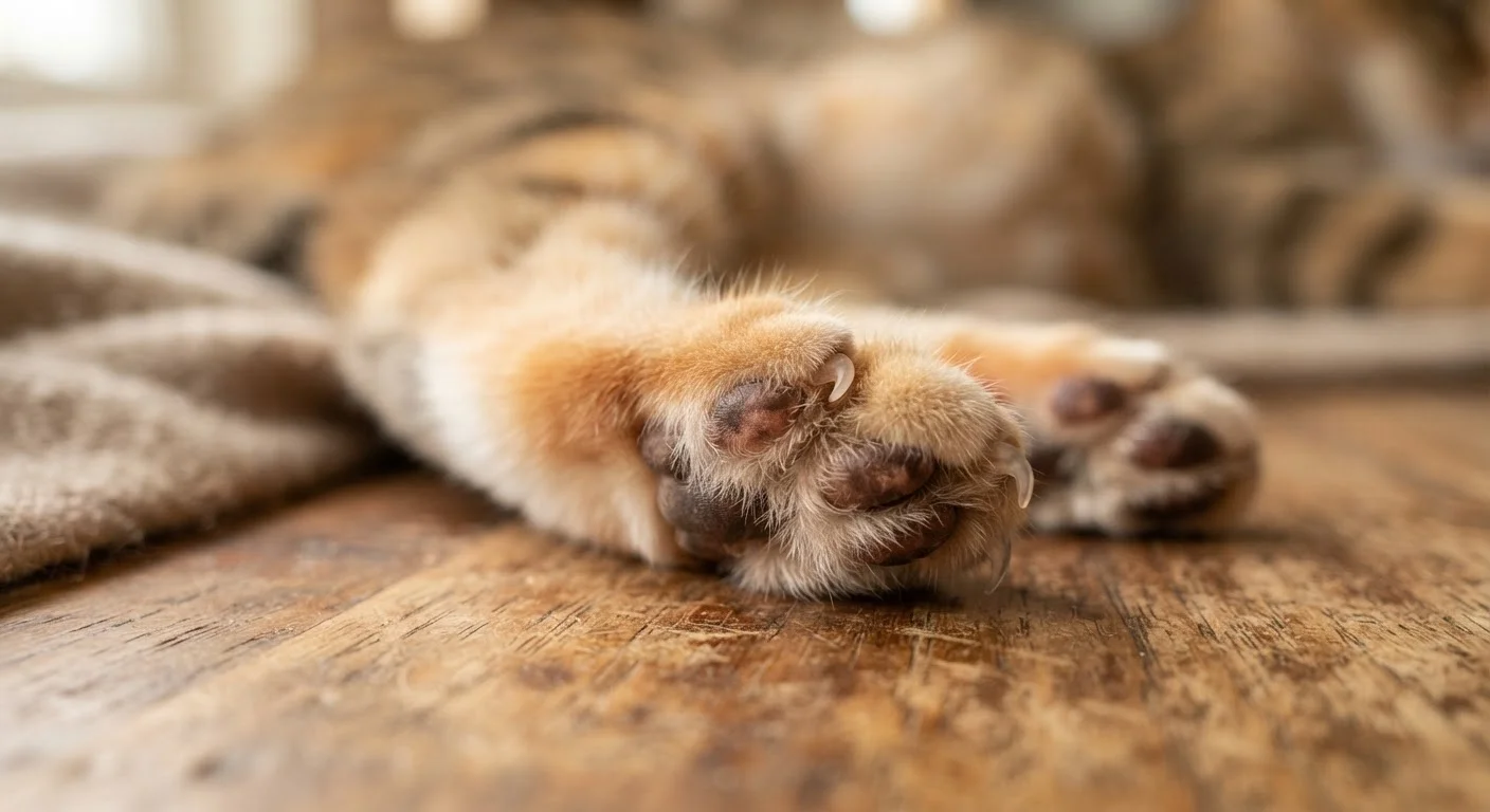 A cat's paw with claws extended resting on a wooden surface in natural light
