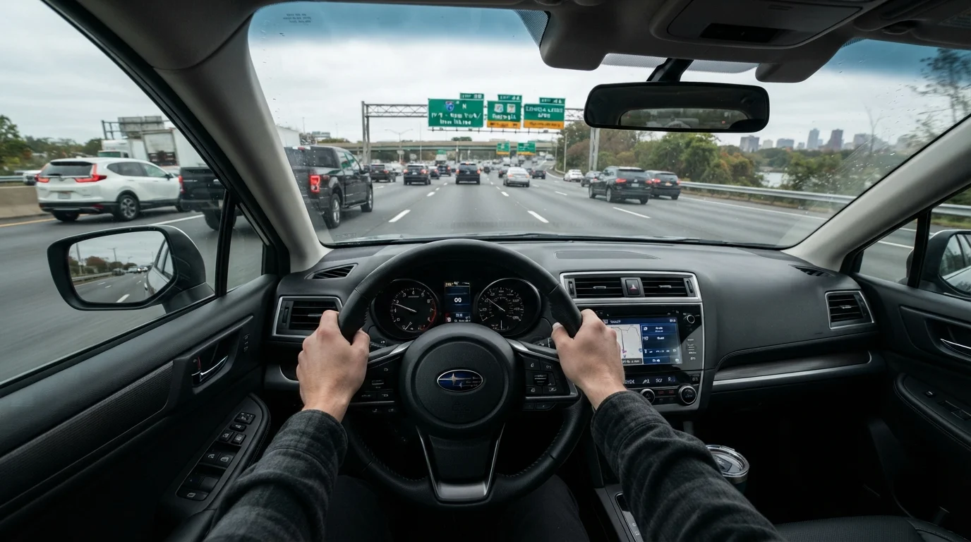 Driver's perspective from inside a car on a busy American highway with multiple lanes