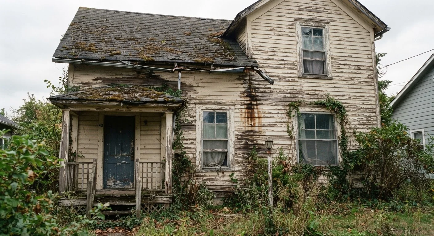 Weathered house exterior with peeling paint, clogged gutters, and damaged roof shingles showing signs of neglect