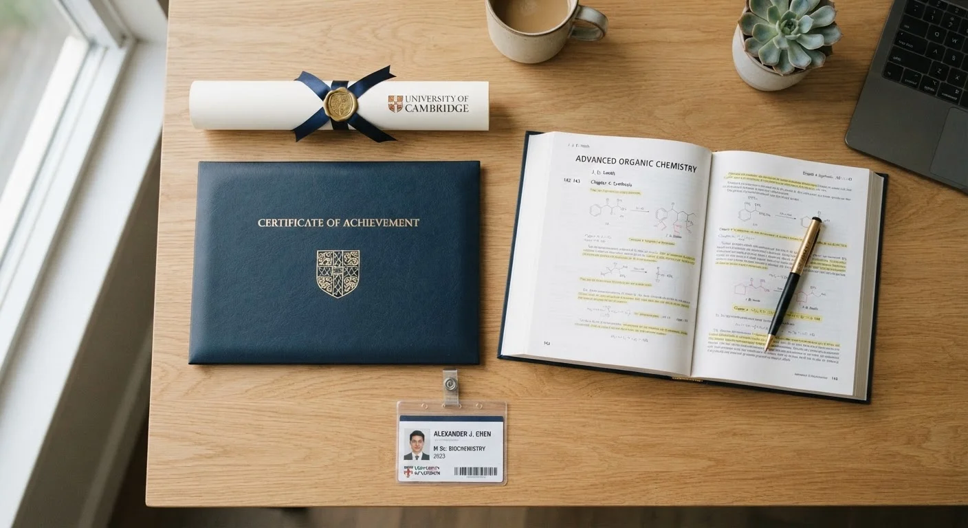 Academic documents including diploma, certificate, and credential card arranged on a desk