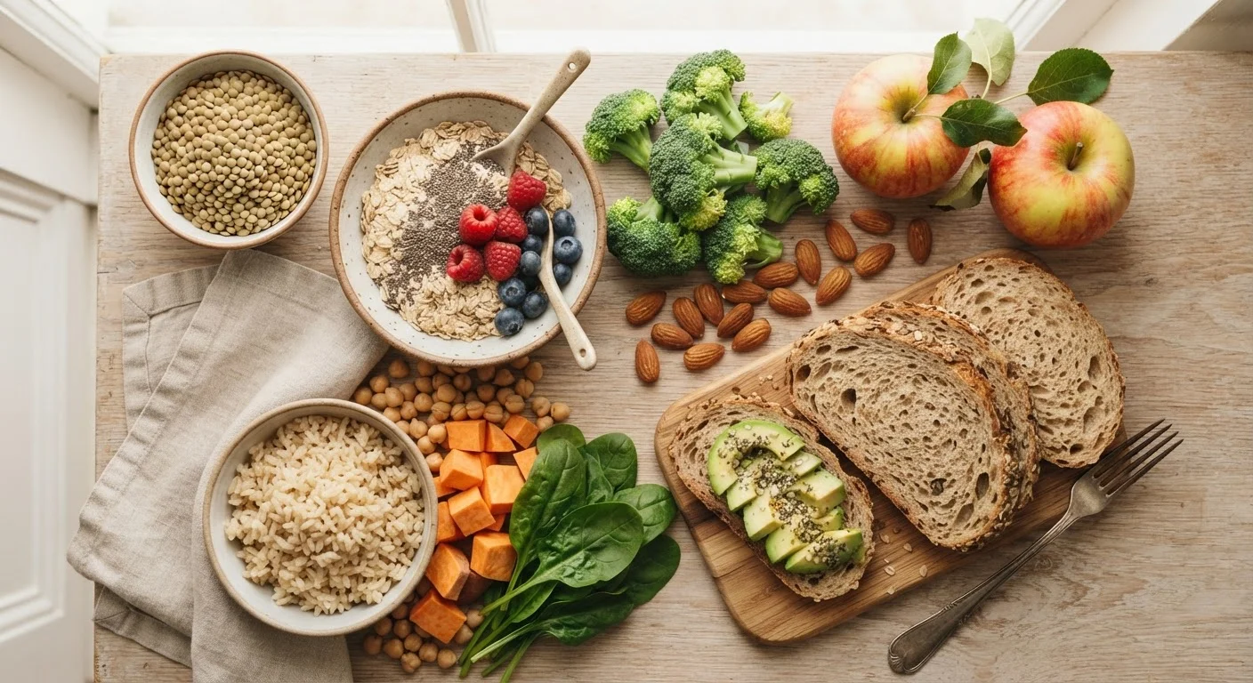 Assortment of high-fiber foods including lentils, oats, broccoli, apples, and whole grain bread on a white surface