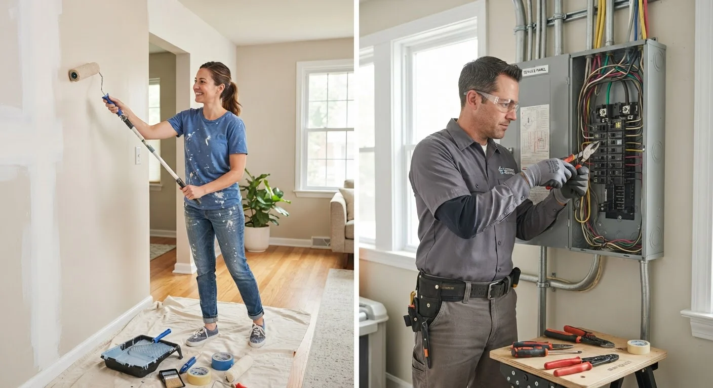 Homeowner painting a wall on one side, licensed electrician working on electrical panel on the other