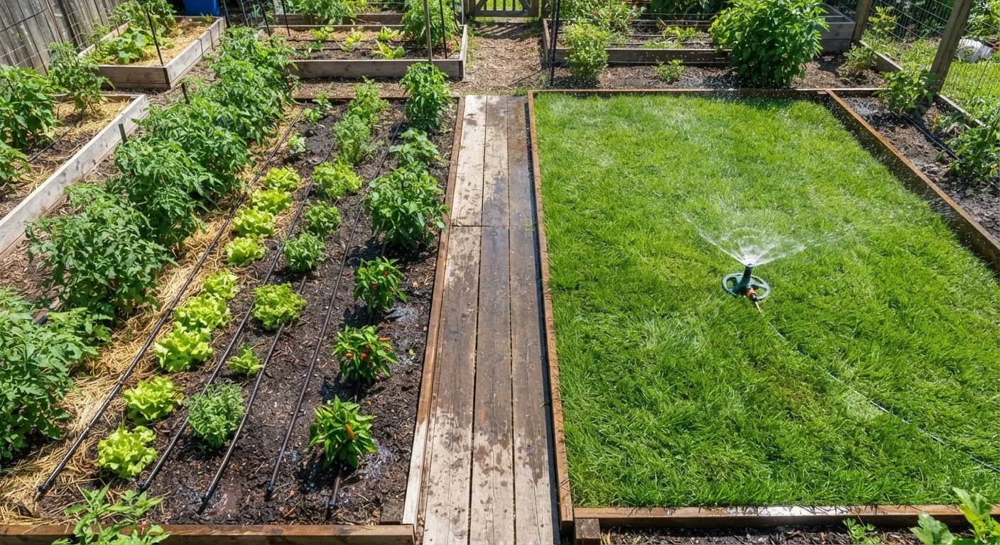 Side-by-side view of drip irrigation tubing in a garden bed and a sprinkler spraying a lawn
