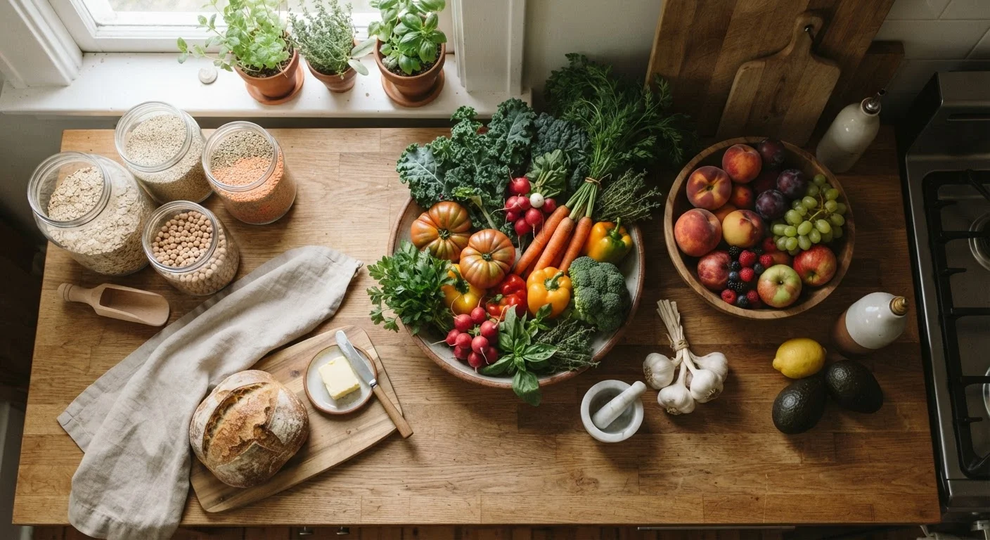 Assorted whole foods including fruits, vegetables, and grains arranged on a kitchen counter