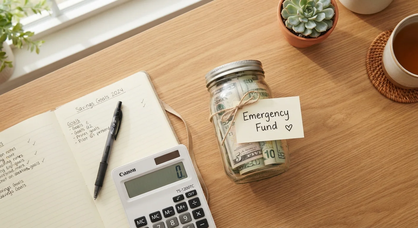 A glass jar labeled Emergency Fund filled with cash sitting on a tidy home desk