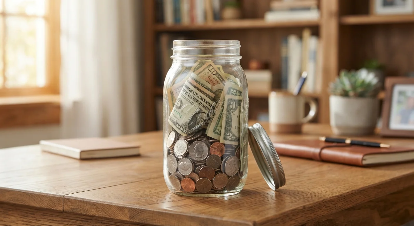 Glass jar filled with coins and dollar bills representing a personal emergency fund savings