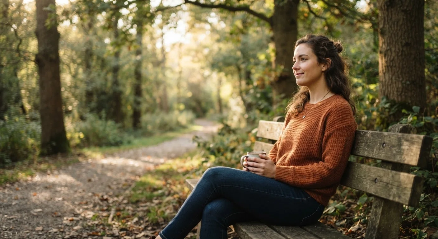 A person sitting quietly outdoors, appearing calm and reflective in soft natural light