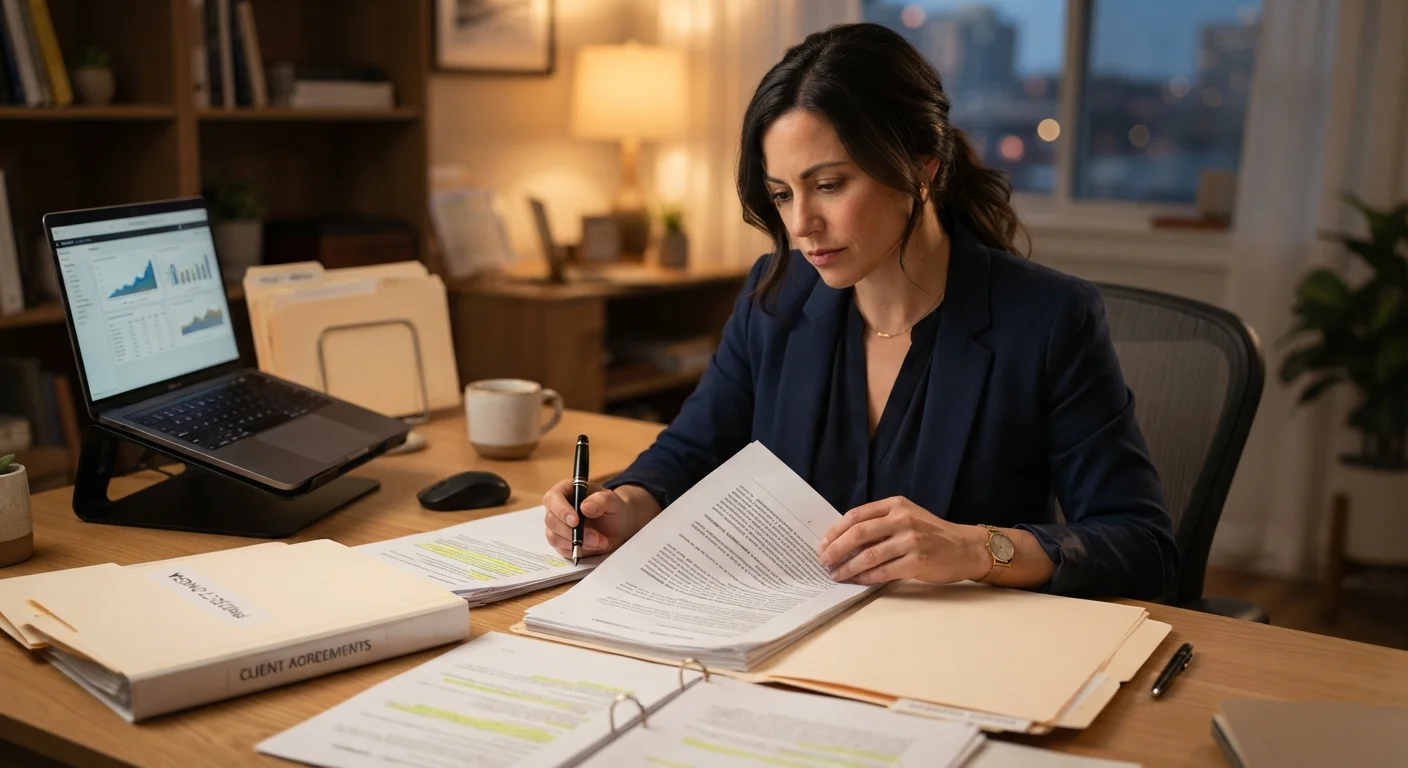 Working adult carefully reviewing an employer-sponsored training agreement document at a desk.