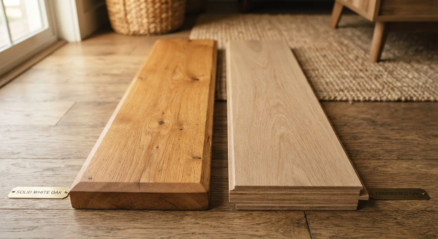 Two hardwood flooring planks side by side showing engineered and solid hardwood construction