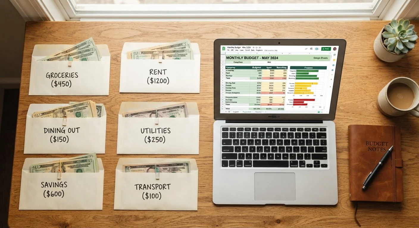 Paper cash envelopes and a laptop with a budget spreadsheet side by side on a desk