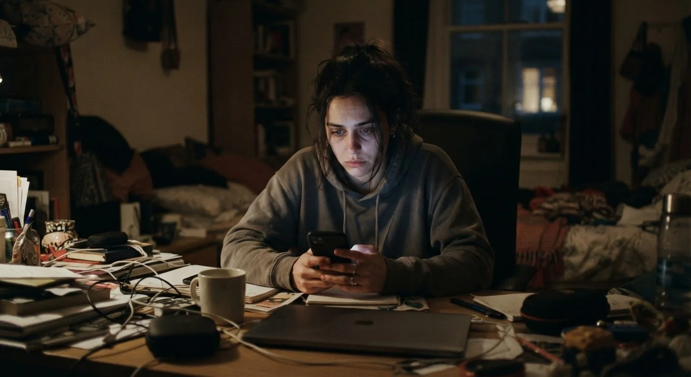 Person sitting alone at a dim desk scrolling through a phone, looking emotionally drained.