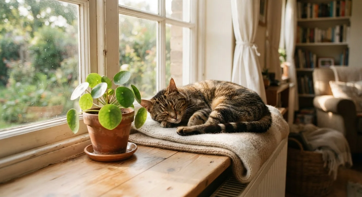 A tabby cat resting comfortably on a sunlit windowsill inside a cozy home