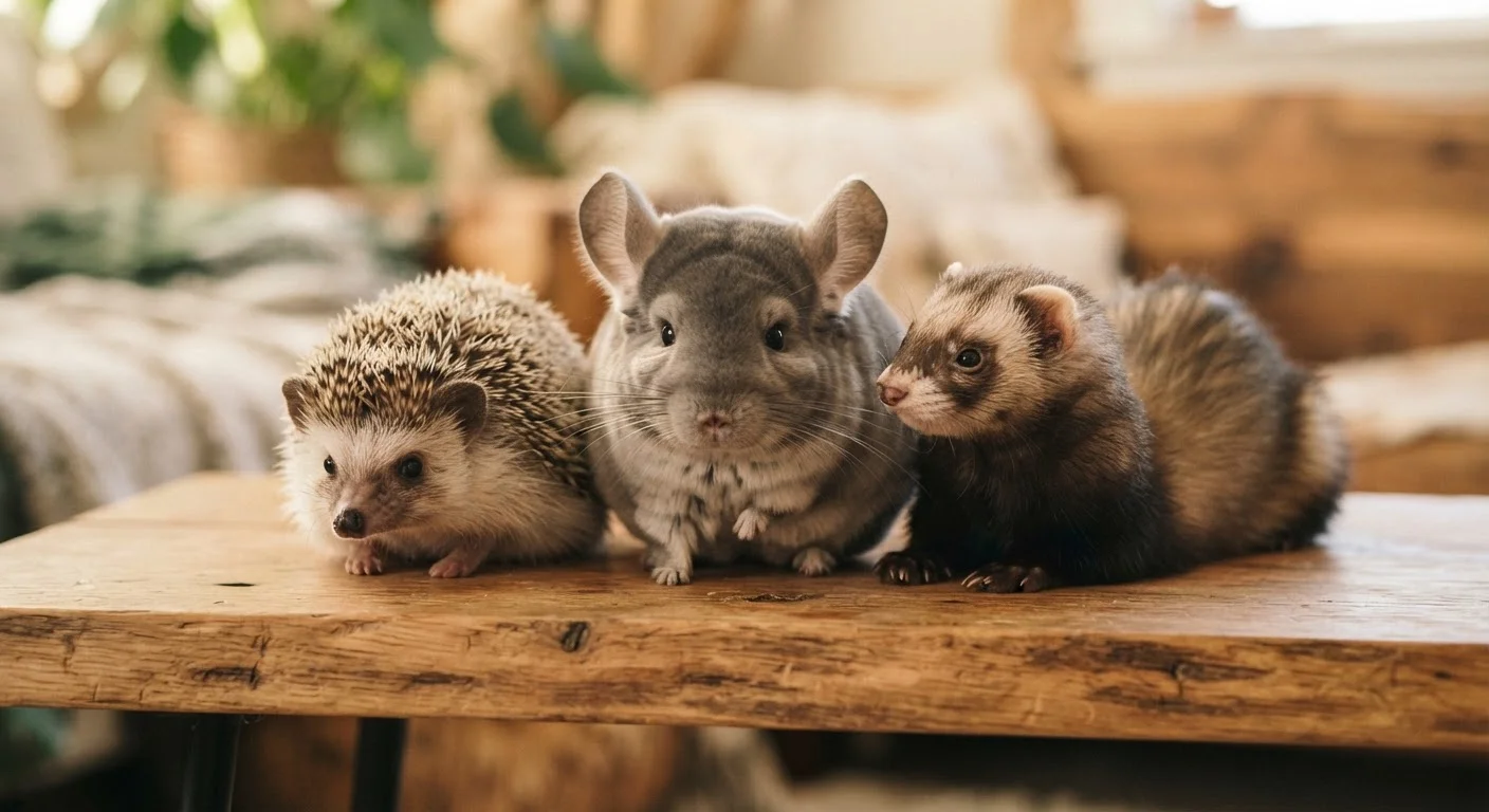 A hedgehog, chinchilla, and ferret sitting side by side on a wooden surface