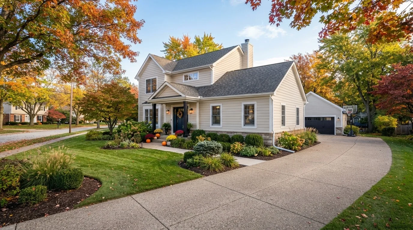 Well-maintained home exterior with clean siding, clear gutters, and tidy driveway on a sunny day
