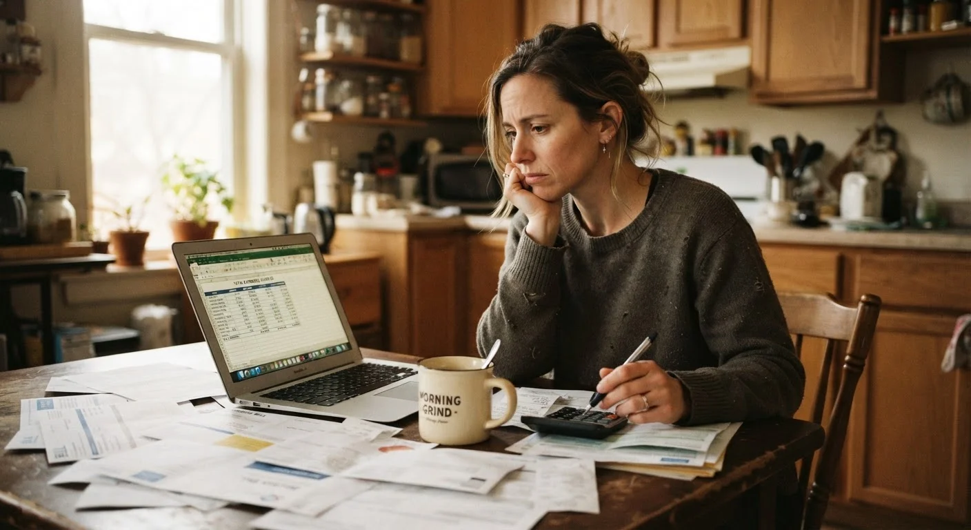 Person reviewing financial documents and bills at a kitchen table with a laptop