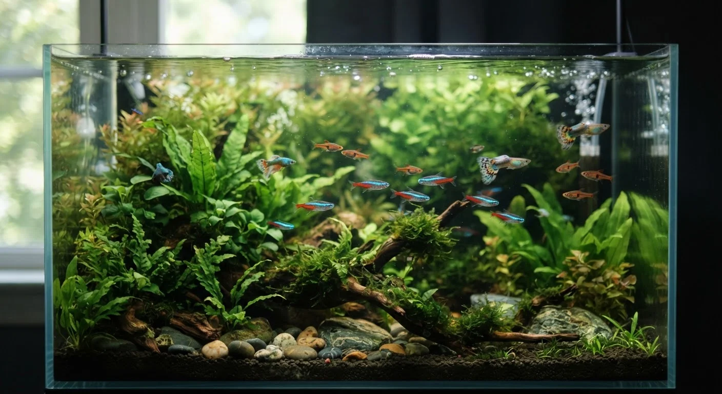 Colorful freshwater fish swimming together peacefully in a planted community aquarium.