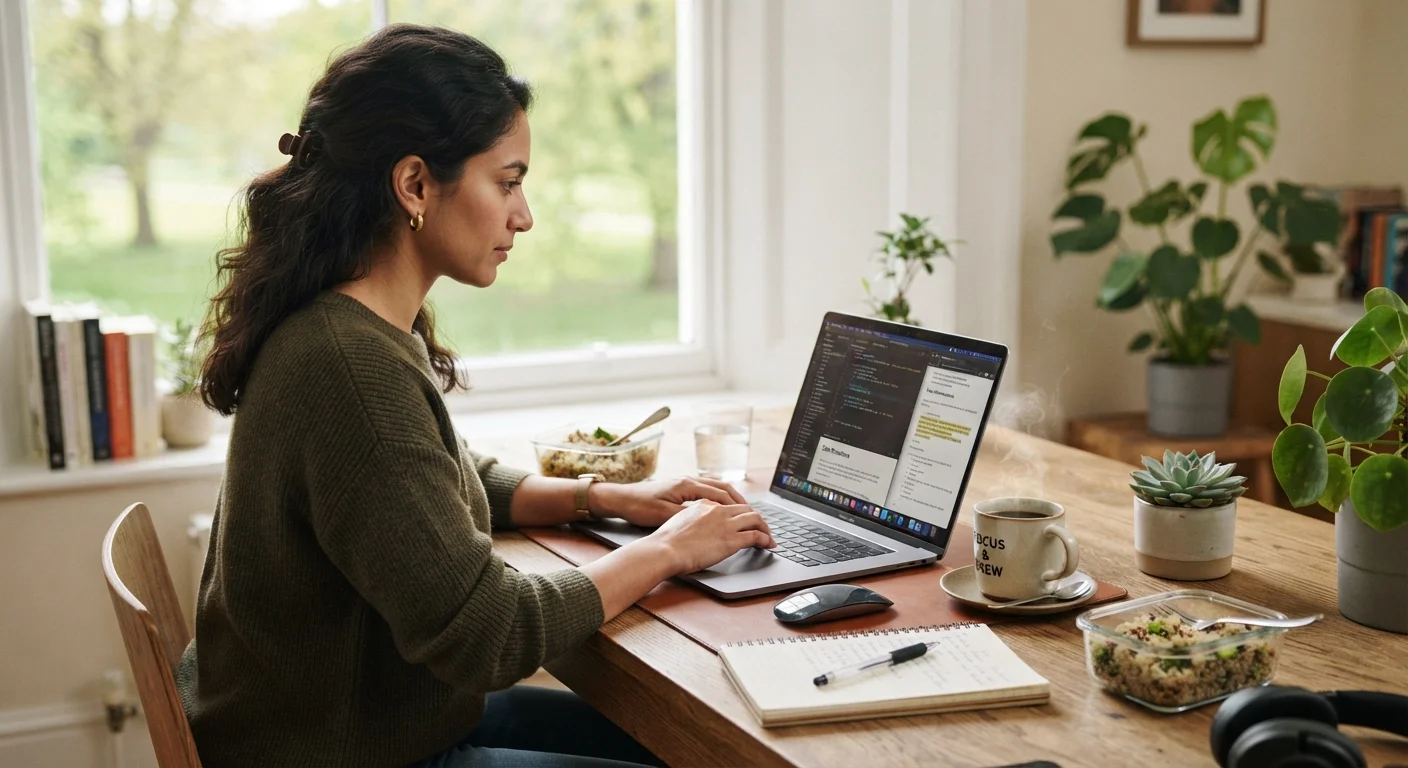 Working adult studying on a laptop at a desk during a scheduled break