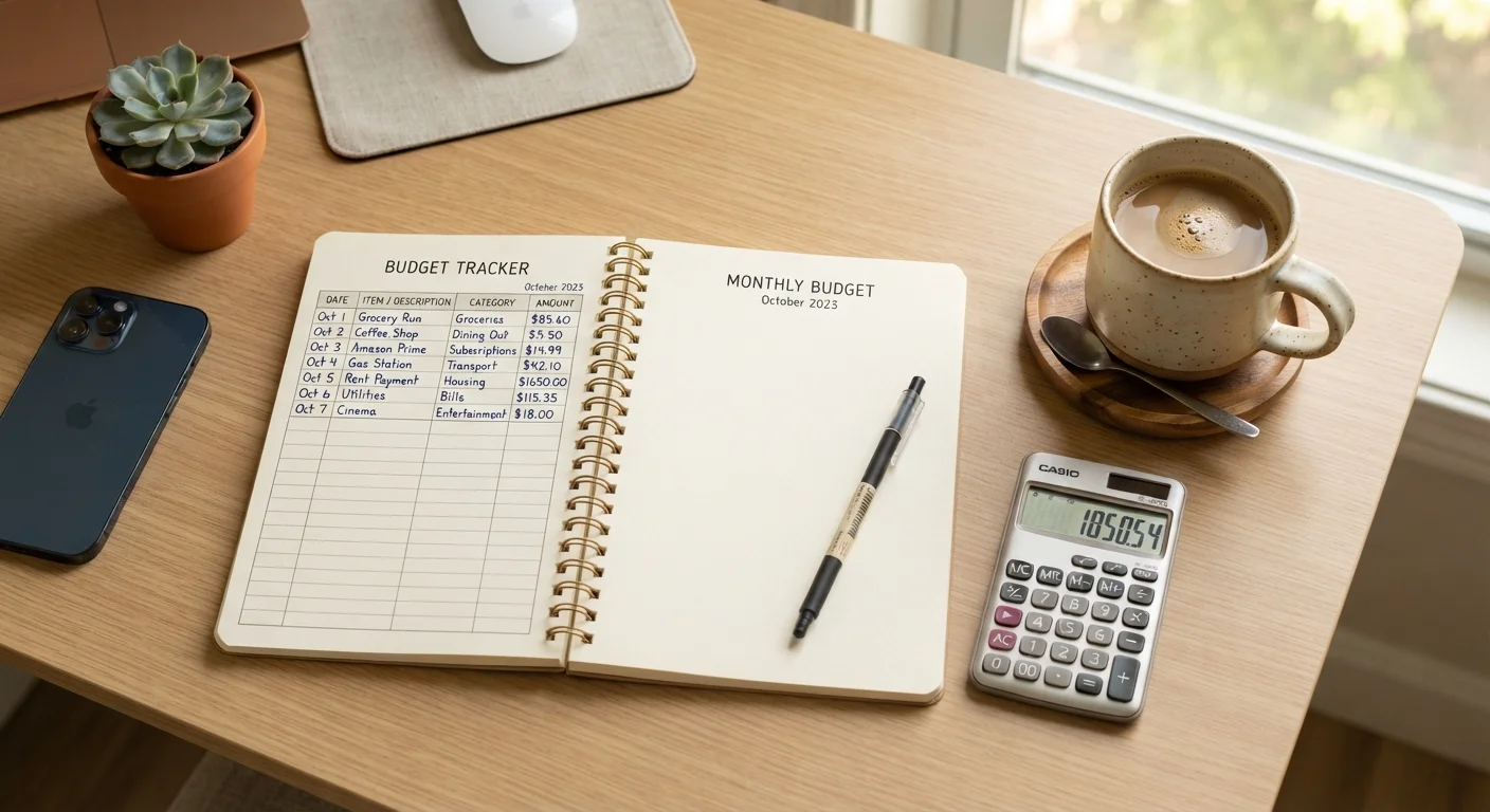 Overhead view of a budget notebook divided into three expense columns on a desk.