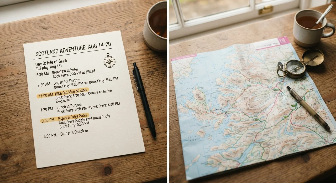 A printed travel itinerary on one side and an open road map on the other, representing two planning styles