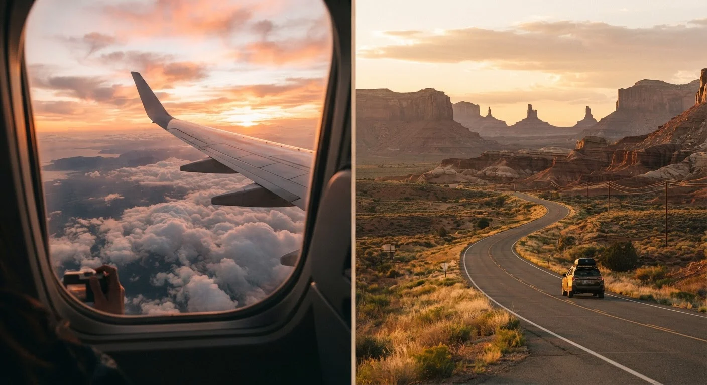Split image showing an airplane wing above clouds on the left and an open road highway on the right