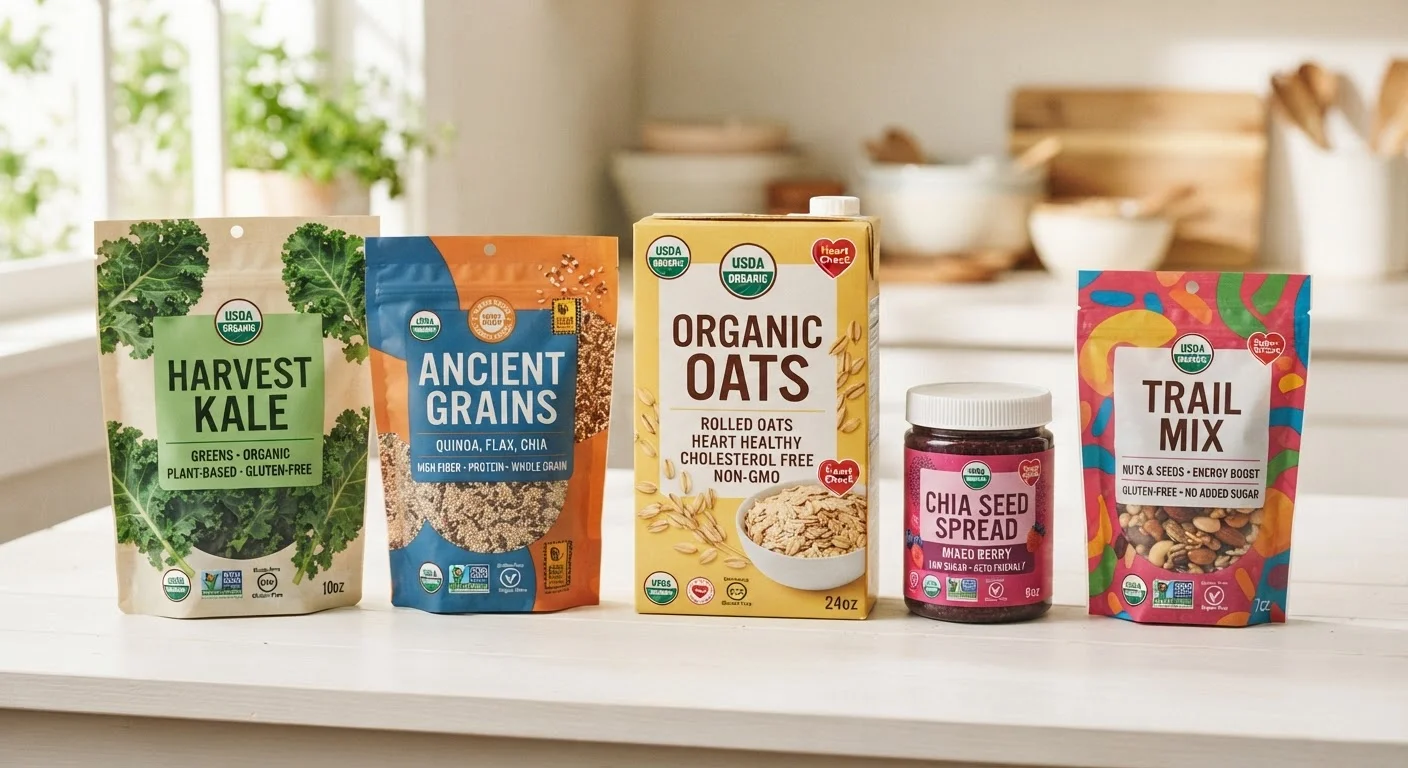 Assorted food product packages with front-of-label health claims arranged on a white surface.