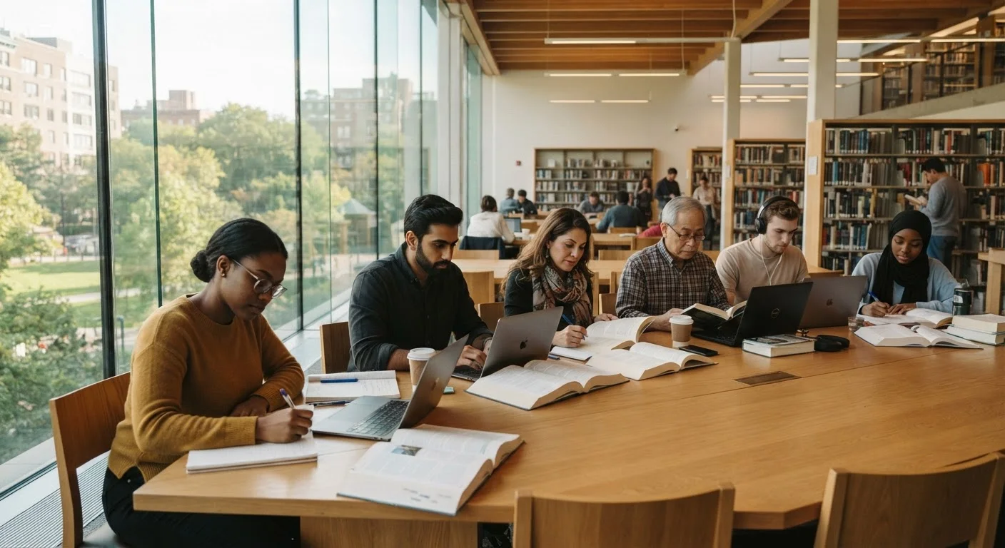 Diverse adults studying with books and laptops at a well-lit public library.
