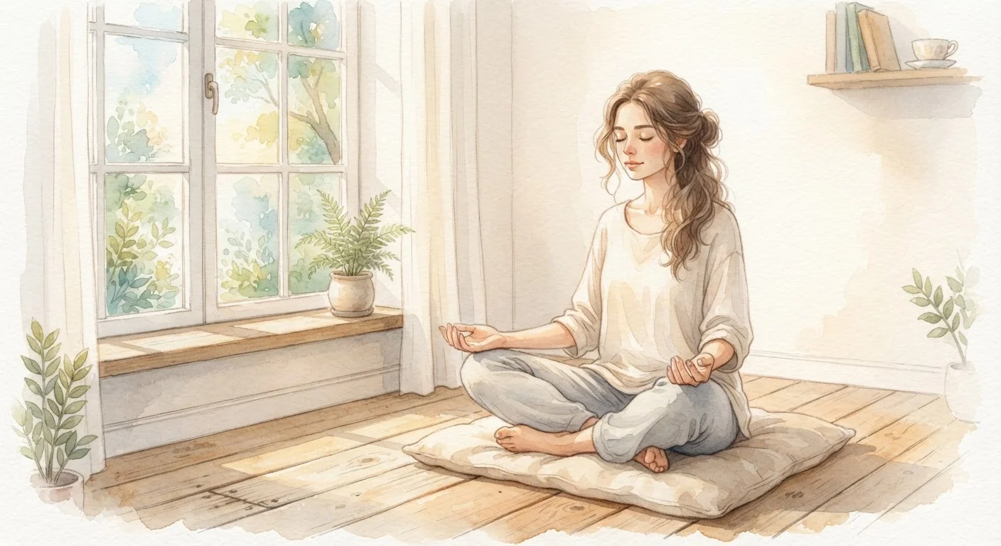 Person sitting quietly by a sunlit window in a peaceful, meditative posture