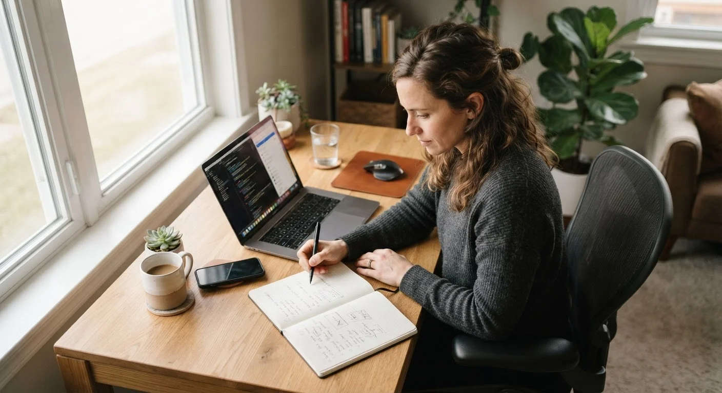 Adult at a tidy desk with notebook and laptop, planning professional development goals