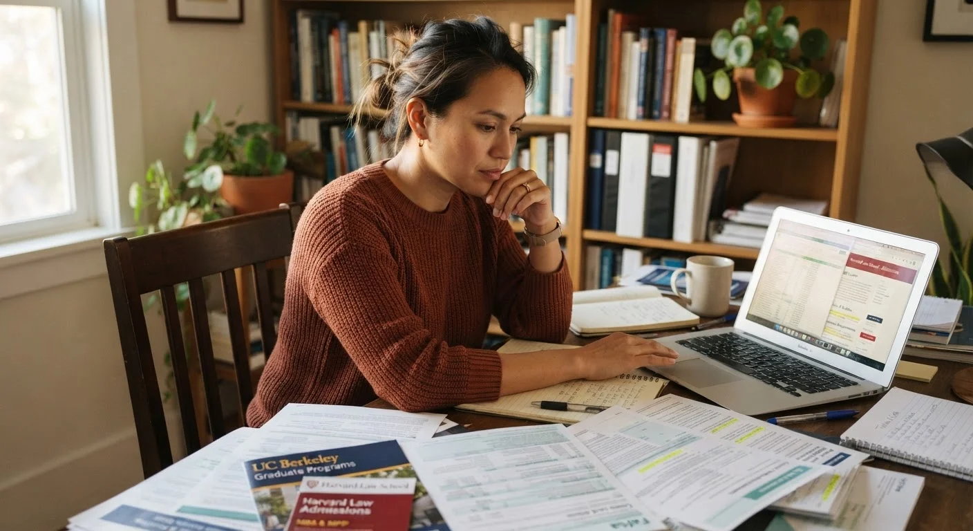 Adult student reviewing graduate school materials and financial documents at a desk.