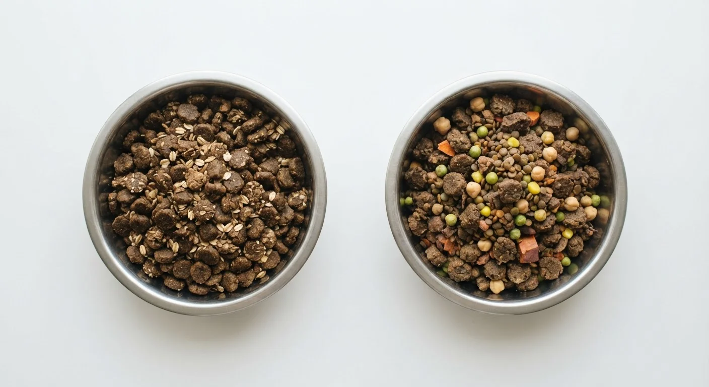 Two dog food bowls side by side showing grain-inclusive kibble and grain-free kibble options.