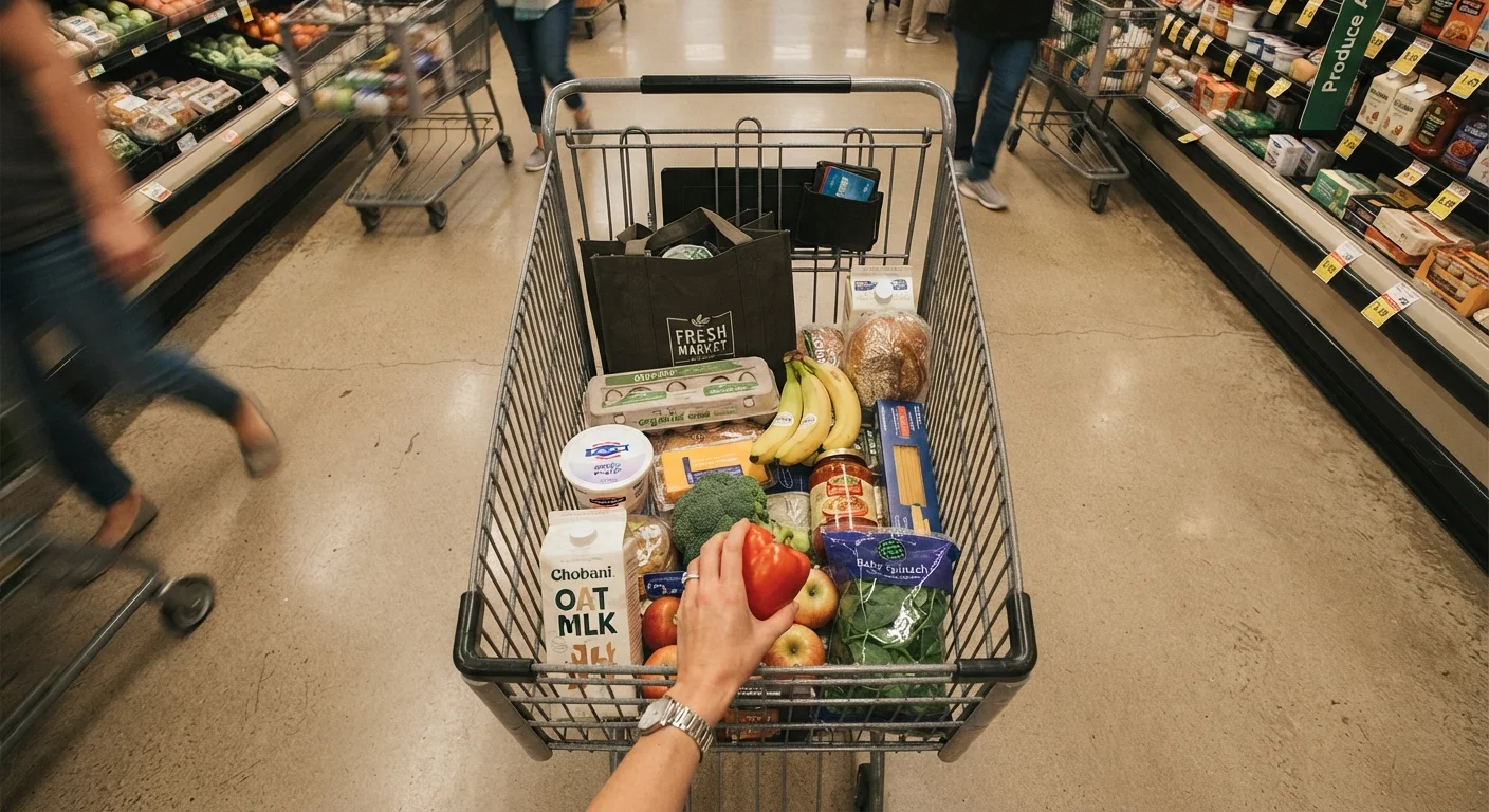 Overhead view of a grocery cart with everyday food items in a supermarket aisle