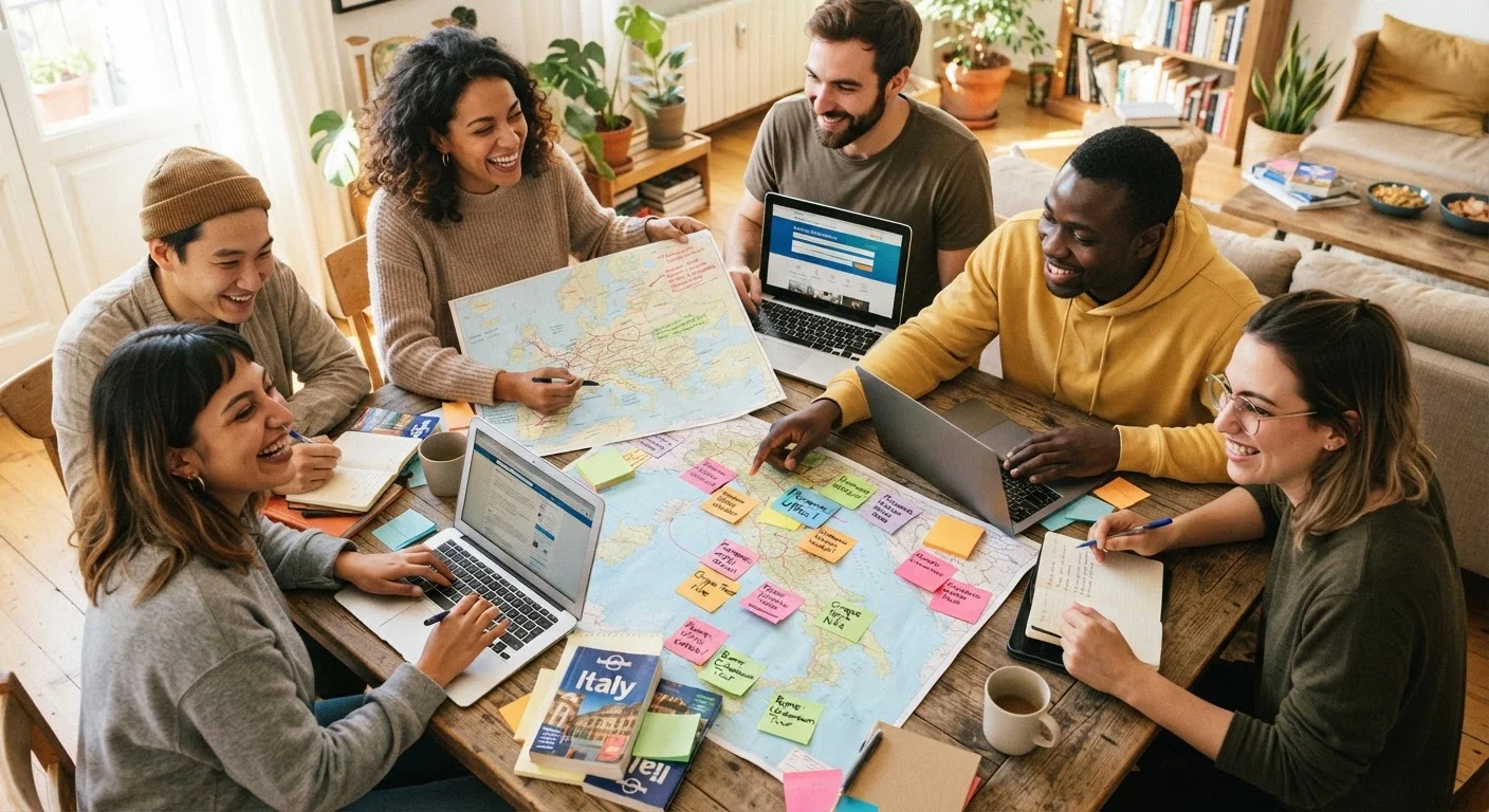 A group of friends collaborating around a table with maps and laptops while trip planning