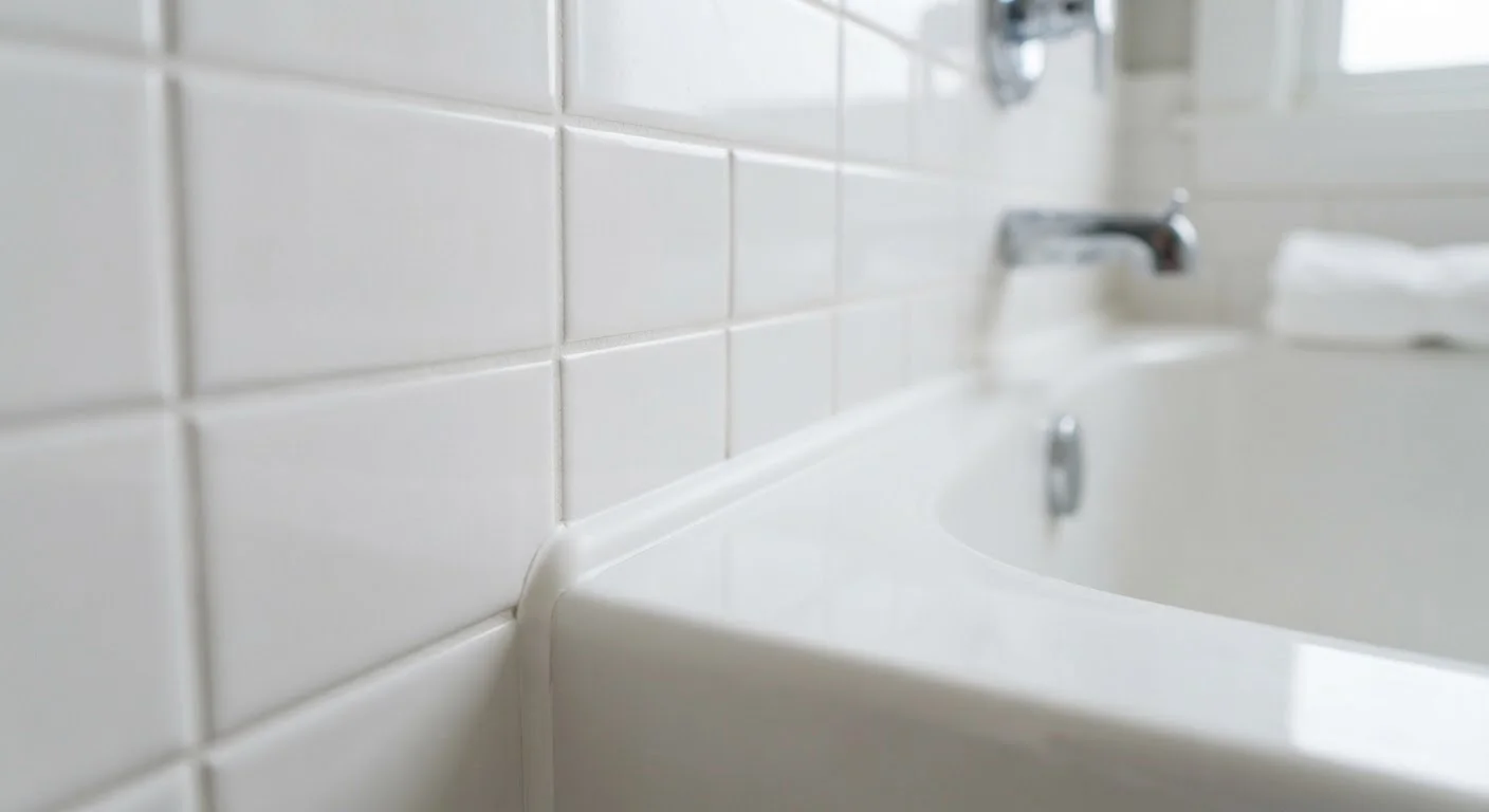 Fresh white caulk applied along the edge of a bathroom tile and tub surround