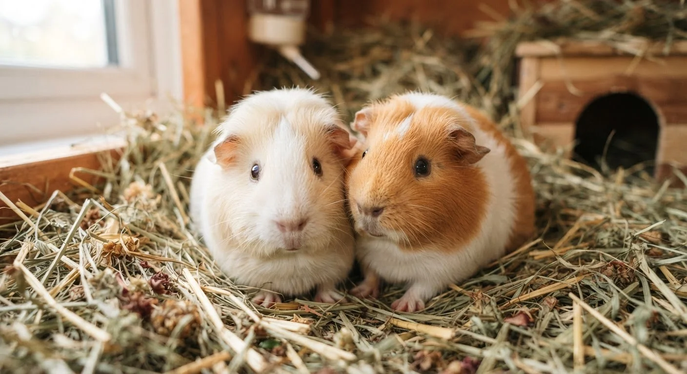 Two guinea pigs sitting together in a hay-filled enclosure with soft natural lighting
