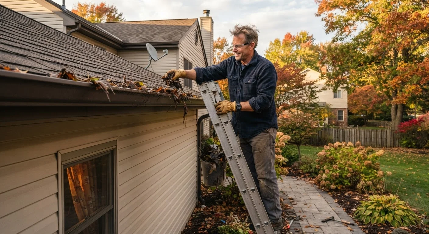 Homeowner on a ladder scooping debris out of a clogged rain gutter on a house exterior
