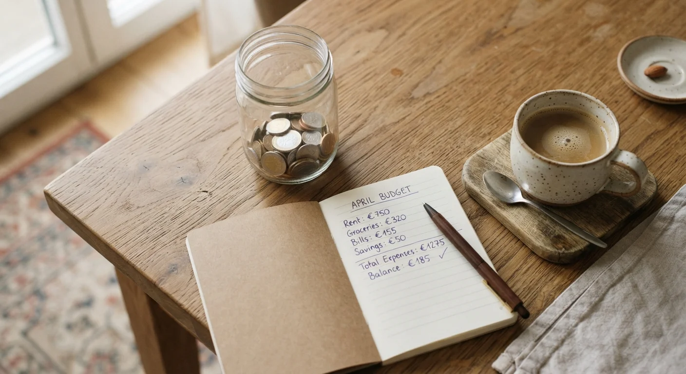 A glass savings jar with sparse coins next to a budget notebook on a kitchen table