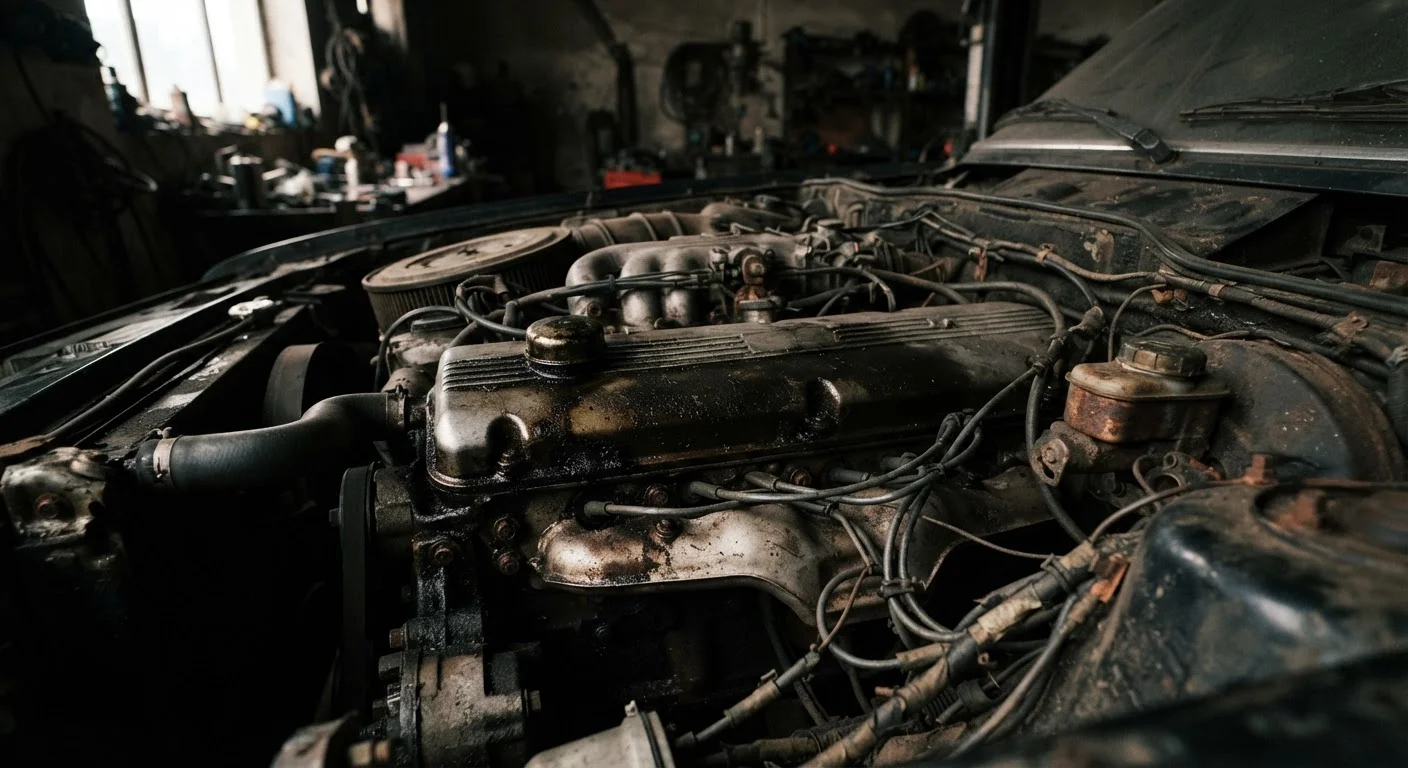 Close-up view of a worn car engine bay showing signs of mechanical wear and aging