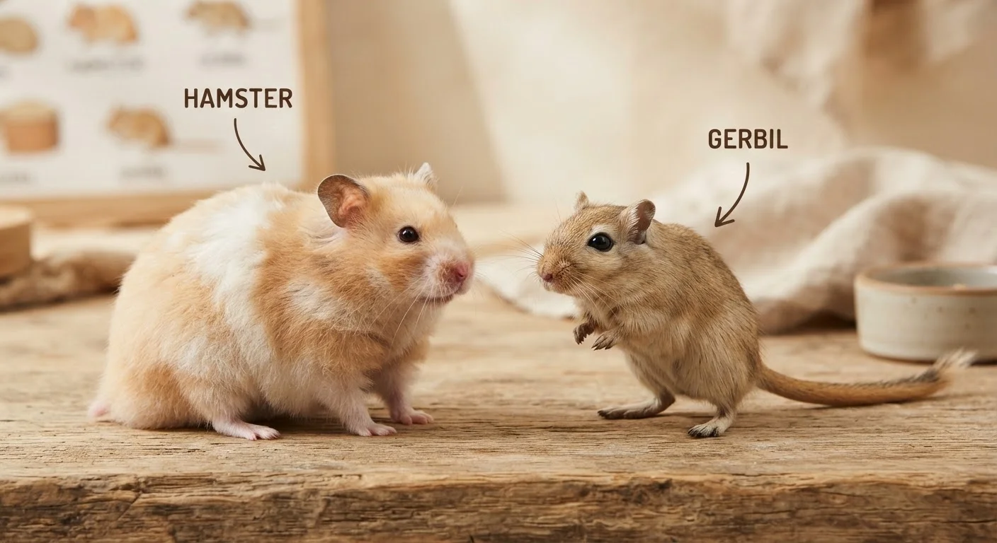 A hamster and a gerbil placed side by side showing their physical differences