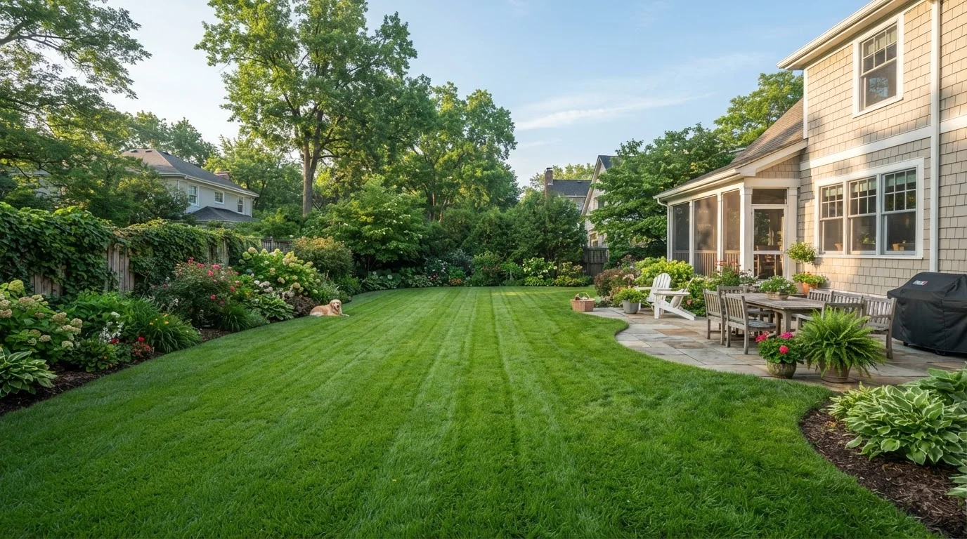 A dense, healthy green lawn in a well-maintained suburban backyard on a sunny day