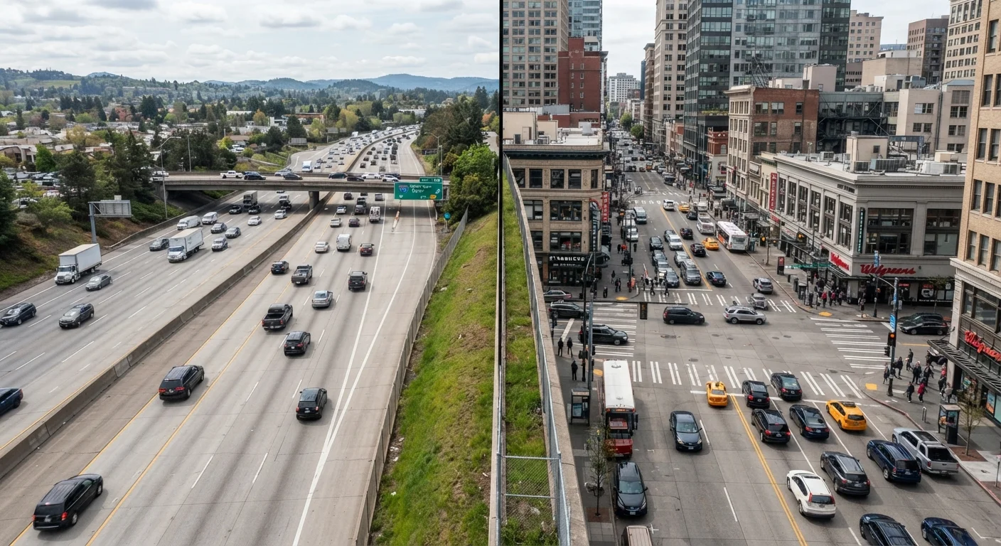 Split view of a busy American highway on one side and a congested city intersection on the other