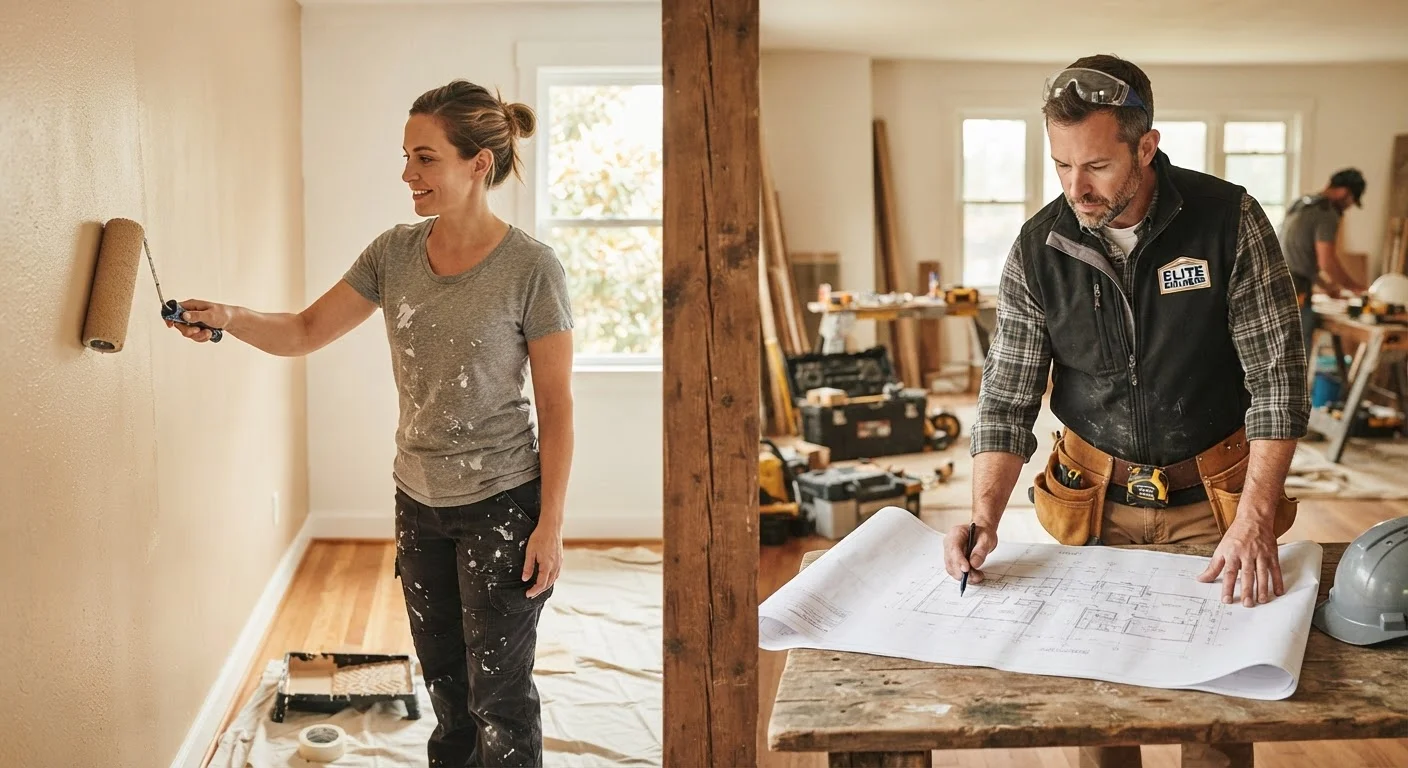 A homeowner doing DIY painting on one side and a contractor reviewing plans on the other