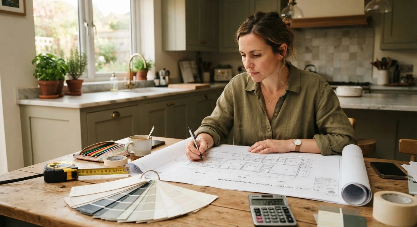 Homeowner reviewing home renovation plans with tools and materials on a kitchen table