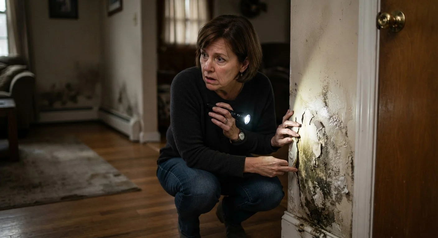 Homeowner using a flashlight to inspect a wall, revealing hidden moisture damage beneath paint