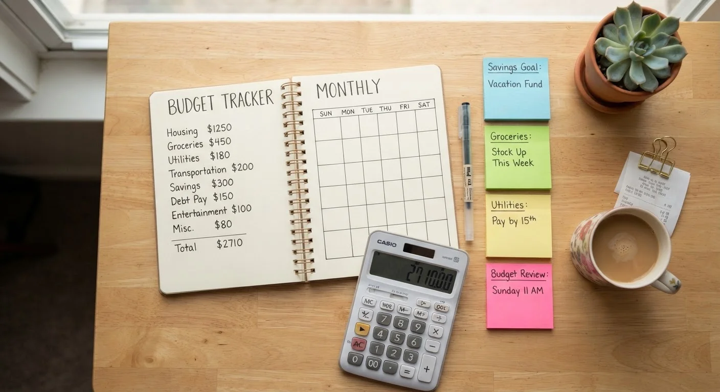 Budget notebook with categories, calculator, and color-coded sticky notes on a wooden desk