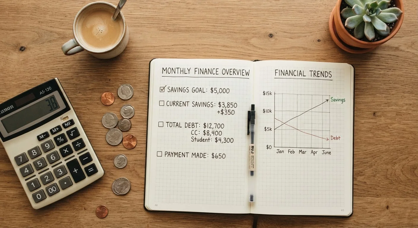 Calculator, notebook with financial figures, coins, and a line graph on a wooden desk.