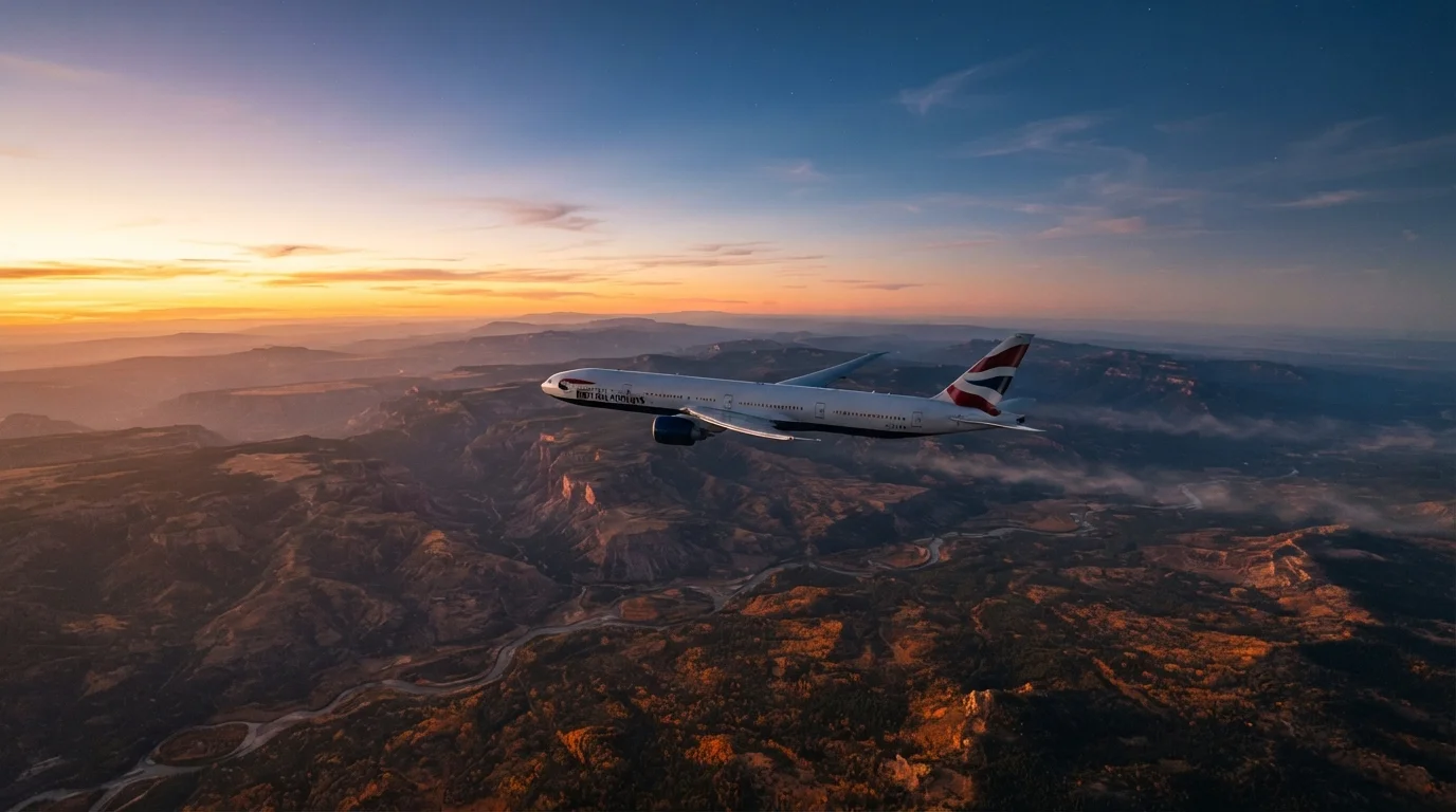 Airplane flying at dusk over a vast landscape, symbolising long-haul travel and time zone crossing