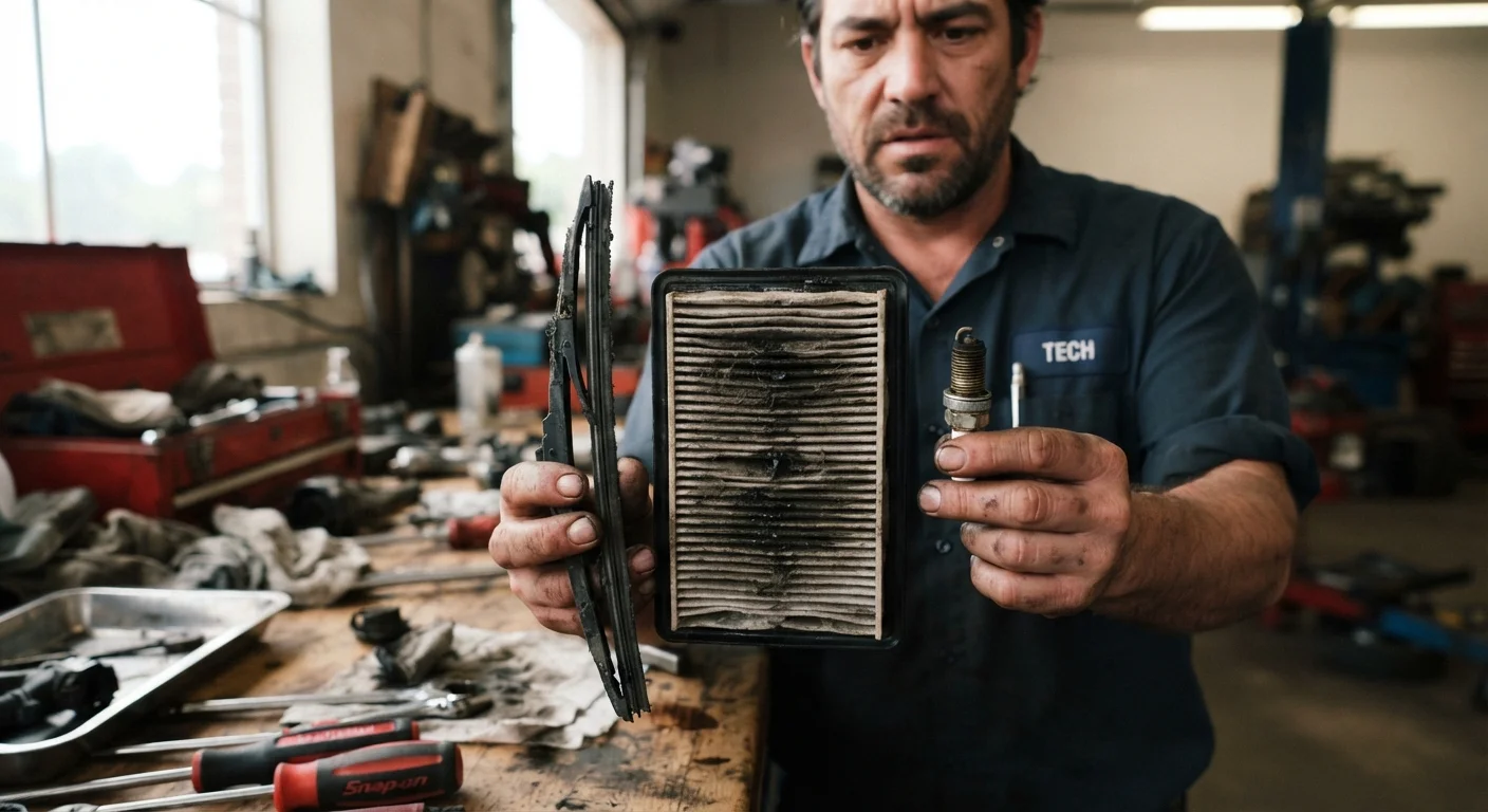 Mechanic holding a wiper blade, air filter, and spark plug on a workbench