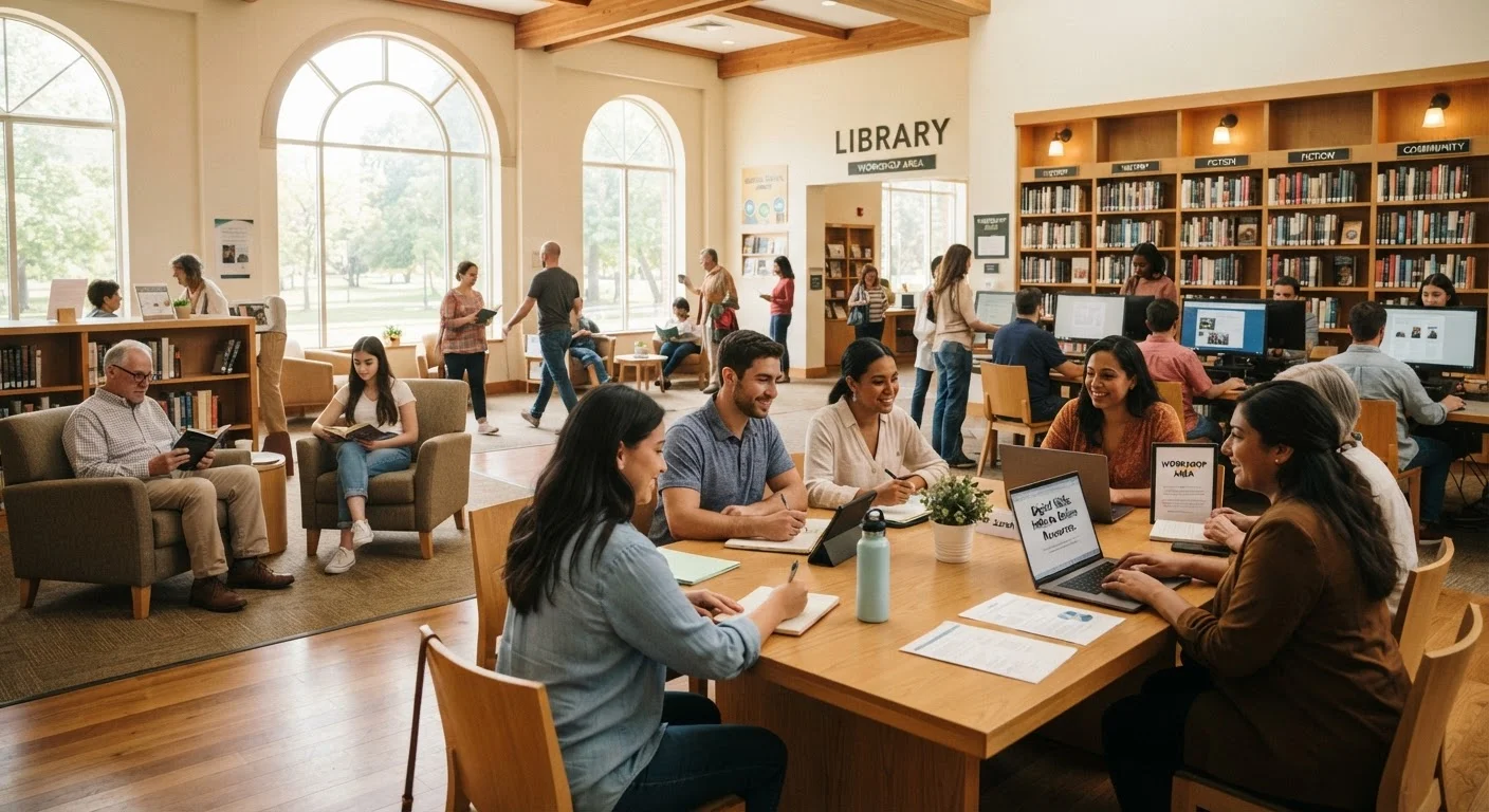 Diverse adults learning and collaborating inside a modern American public library